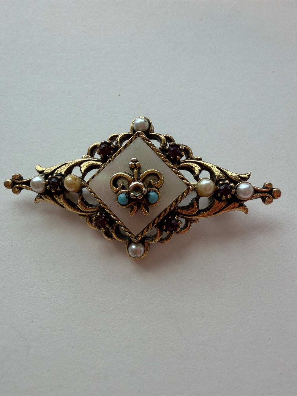 Ornate Gold-Tone Fleur de Lis Brooch with Pearls with Rhinestones & Turquoise